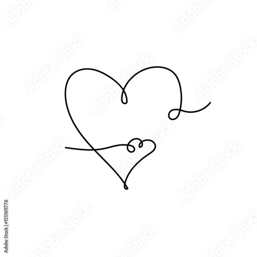 Continuous line drawing of a heart, black and white vector minimalist love concept illustration. Set.