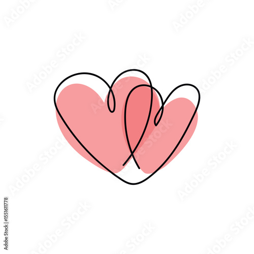 Continuous line drawing of a heart, black and white vector minimalist love concept illustration. Set.