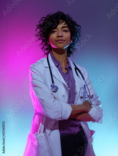 Confident female doctor with curly hair in laboratory coat and stethoscope, colorful lighting background