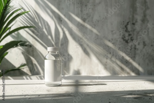 Glass bottle filled with clear liquid on a minimalist surface with shadows from plants in a bright indoor setting
