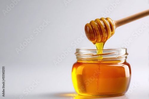 Golden honey drips from a wooden dipper into a glass jar in a simple, clean setting
