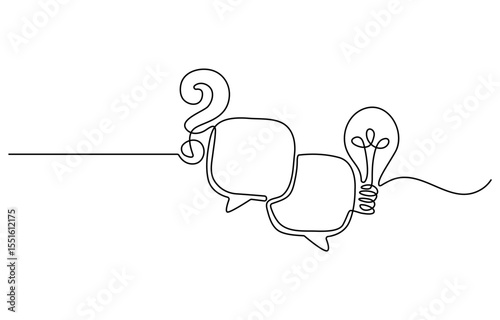 Hand drawn one line vector. Quick tips. Continuous one line drawing of question mark, light bulb and speech bubbles. Trendy line art vector on a white background. Vector illustration
