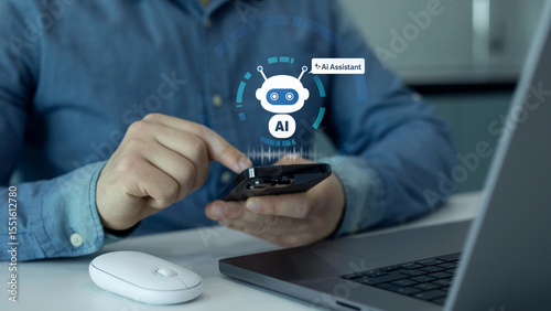 Person using phone with Ai Assistant. Interaction with the Ai assistant to solve some tasks more easily. Image generator, documents, marketing and advertising, bot writing and coding.	
