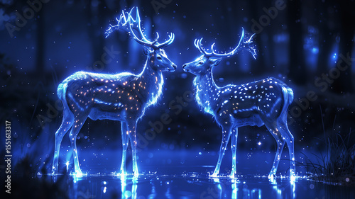 Two luminous deer formed of glowing blue flames stand in shallow water, radiating power and mysticism in a magical, surreal landscape.