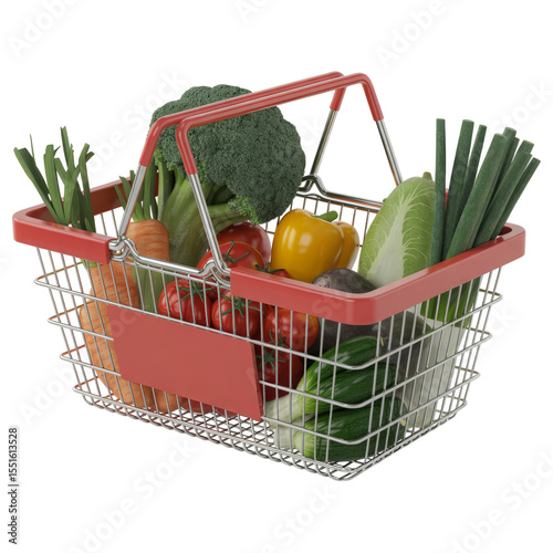 A red metal shopping basket filled with fresh vegetables including broccoli tomatoes and carrots displayed on transparent background