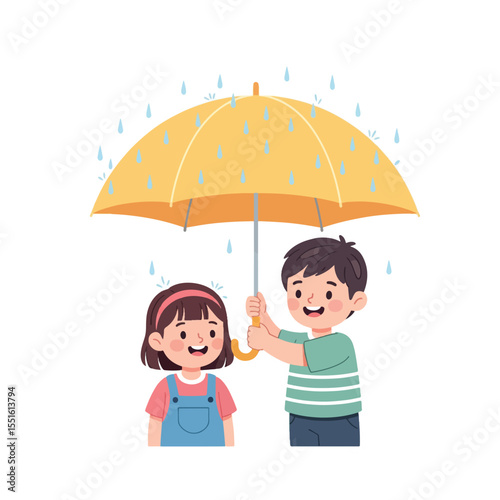 Sheltering Friendship in the Rain: Two young children, an illustration, find solace and shared joy under a vibrant umbrella, as gentle rain descends.