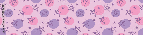 Hand drawn grunge seamless pattern. Pink purple background. Abstract doodle drawing pentagram. Vector art illustration stars
