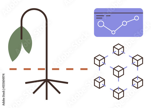 Withering plant beside growth trend graph and interconnected blocks symbolizing ecosystem breakdown and data connections. Ideal for sustainability, environment, failure, blockchain, ecology, economy