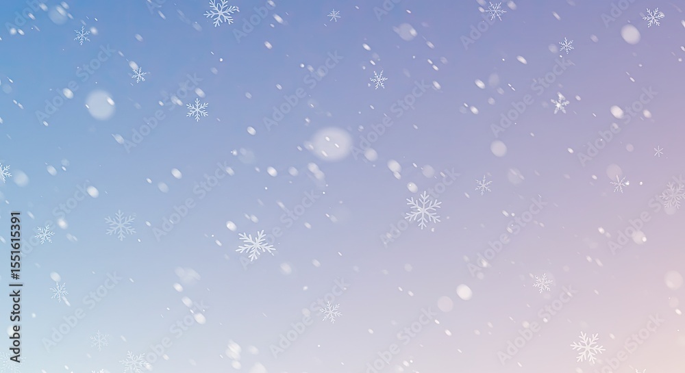 Fototapeta premium Gentle Soft Falling Snowflakes Contrasted Against a Serene Cool Gradient Sky View