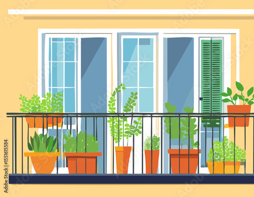 Balcon urbain décoré de plantes vertes et pots
