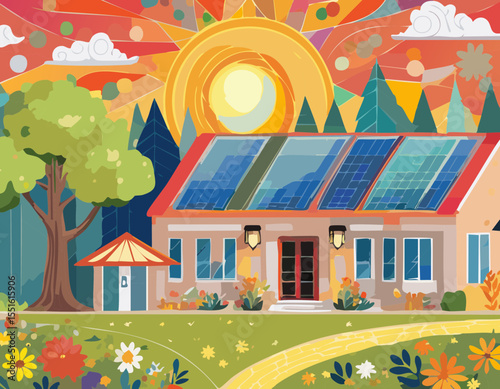 Maison écologique avec panneaux solaires et jardin solaire