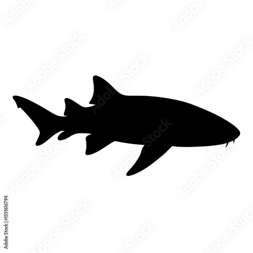 Silhouette of a Nurse Shark with Distinctive Tail Fins on White Background