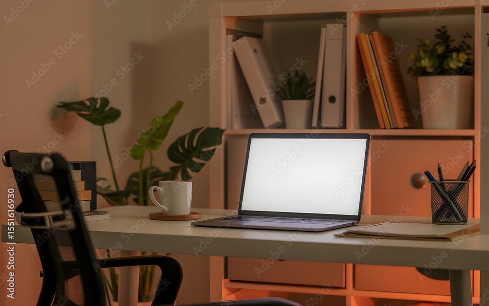 Fototapeta premium Cozy modern home office with laptop, coffee mug, and warm lighting – perfect for remote work