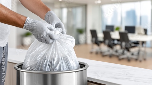 Person discarding trash in office waste bin during work hours