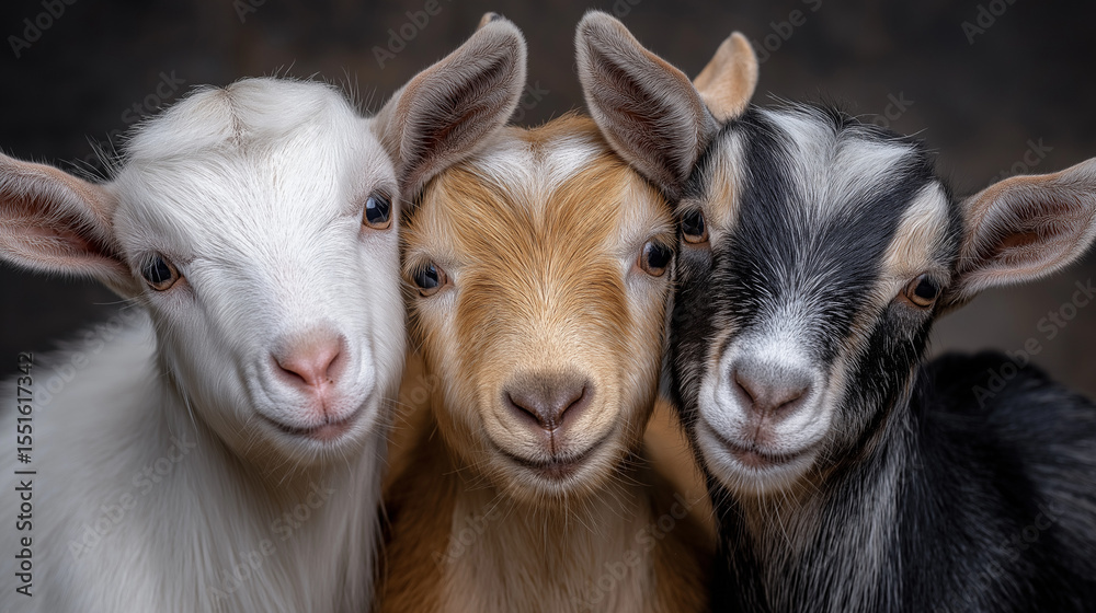 Fototapeta premium Three adorable goats in a portrait with gentle lighting