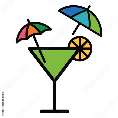  Colorful cocktail drinks with umbrella icons on isolated black and white background
