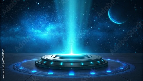 Futuristic glowing platform in a starry galaxy with a distant planet