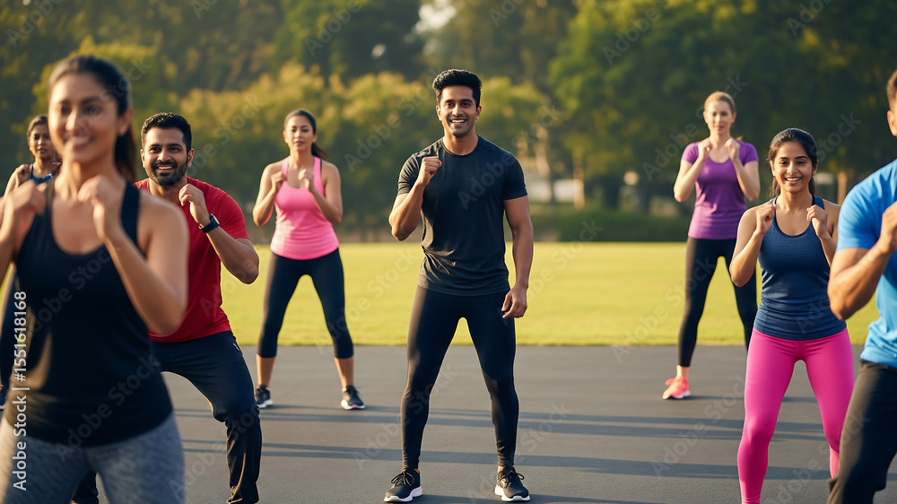 Obraz premium Asian trainer leading an energetic outdoor fitness session in the park