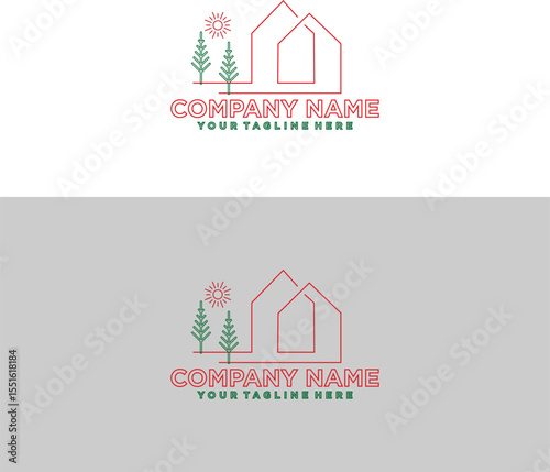 Elegant Real Estate Logo with House, Trees, and Sun