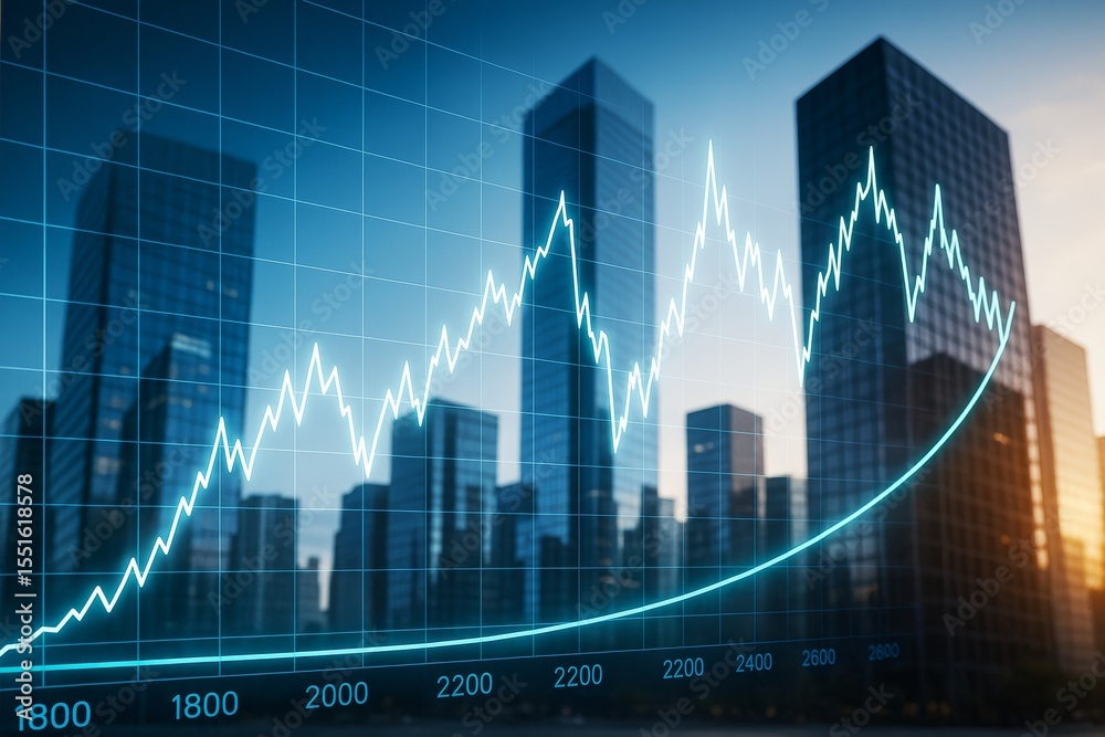 Naklejka premium Financial growth chart with glowing line graph overlay on city skyscrapers at sunset, representing business success and economic progress.