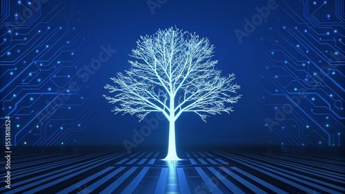 Glowing blue digital tree of life on a circuit board background