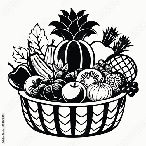 A bountiful black and white illustration of a woven basket overflowing with a variety of fresh fruits and vegetables showcasing nature s harvest