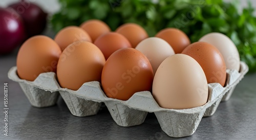 Brown and white eggs in a cardboard carton on a grey table. Natural farm produce for breakfast and cooking ingredient.