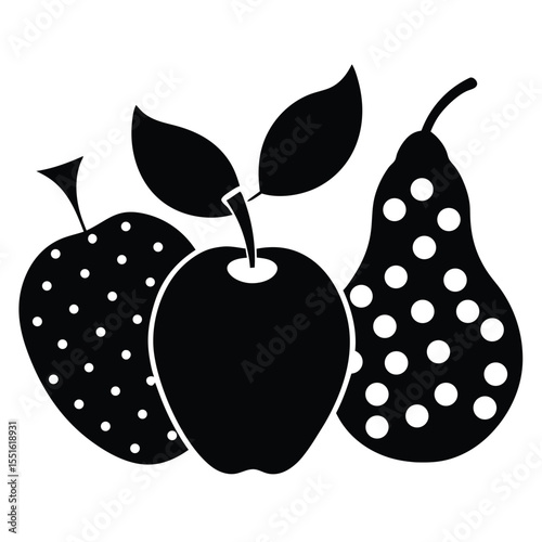 Stylized black and white illustration of three fruits a polka dot strawberry a simple apple and a polka dot pear