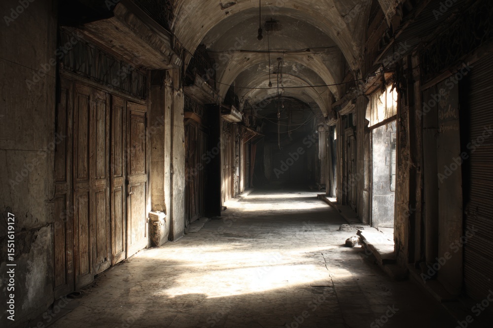 Obraz premium Weathered corridor in an abandoned marketplace, featuring scattered debris and shafts of light illuminating the dusty floor, evoking a sense of nostalgia and history