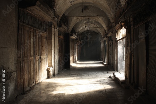 Wallpaper Mural Weathered corridor in an abandoned marketplace, featuring scattered debris and shafts of light illuminating the dusty floor, evoking a sense of nostalgia and history Torontodigital.ca