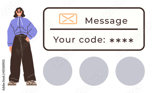 Person in casual attire stands next to message containing verification code. Ideal for login security, email verification, identity check, authentication, privacy, data access, digital safety. Simple