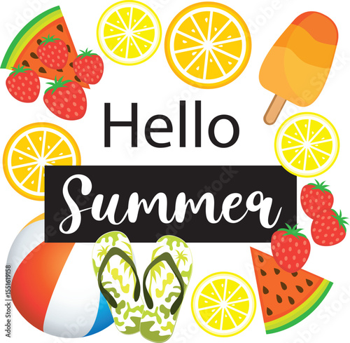 Hello Summer. Hand drawn vector illustration with beach ball, ice cream, watermelon, strawberries, lemons and oranges.