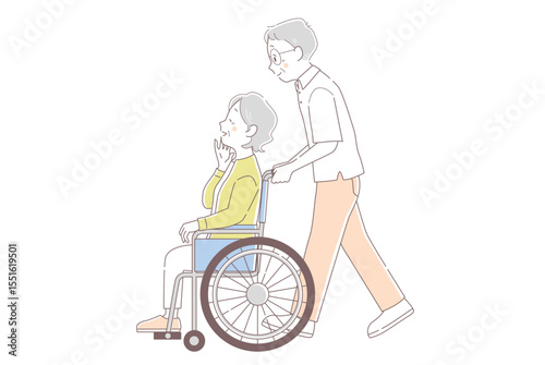 車椅子に乗る高齢女性とそれを押す高齢男性