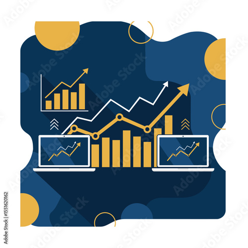 Abstract business graphic with laptops displaying growth charts, bars, and upward arrows, symbolizing data analysis and success.