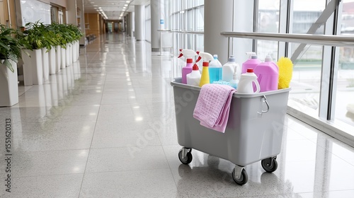 Cleaning supplies cart in a modern corridor with bright lighting and greenery