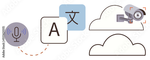 Microphone transmitting voice to text, translation symbols, cloud-based security camera. Ideal for technology, AI, security, communication, language cloud storage innovation. Simple flat metaphor
