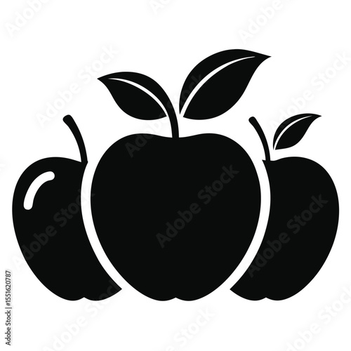 Simple black silhouette of three fresh apples with stems and leaves representing healthy eating and natural produce