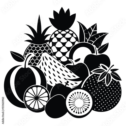 A vibrant black and white illustration showcasing a diverse assortment of fresh fruits artfully arranged in a visually appealing composition