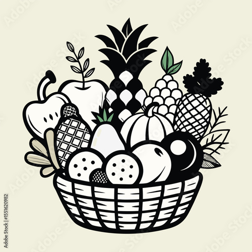 A stylized black and white illustration of a bountiful fruit basket filled with a variety of fresh healthy produce and decorative foliage