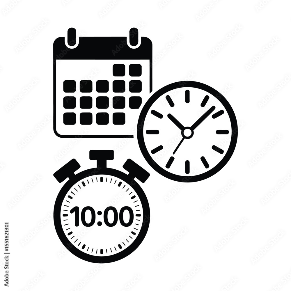 Fototapeta premium Minimalist productivity icons set with calendar and clock on isolated black and white background