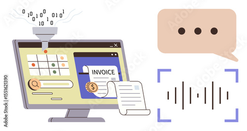 Computer screen displaying data filtering, invoice generation, speech wave, and text chat. Ideal for automation, AI, data processing, invoicing, voice recognition chatbots modern business tools