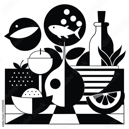 Abstract geometric still life featuring a bird fish fruit and bottle in a bold black and white composition