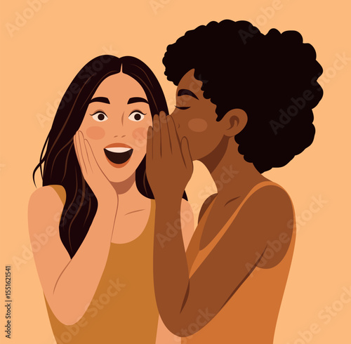 Vector illustration, two friends of different nationalities share a secret, gossip. One whispers, the other is surprised and smiles. Friendship day, trust, emotions. Women's day. For women's projects