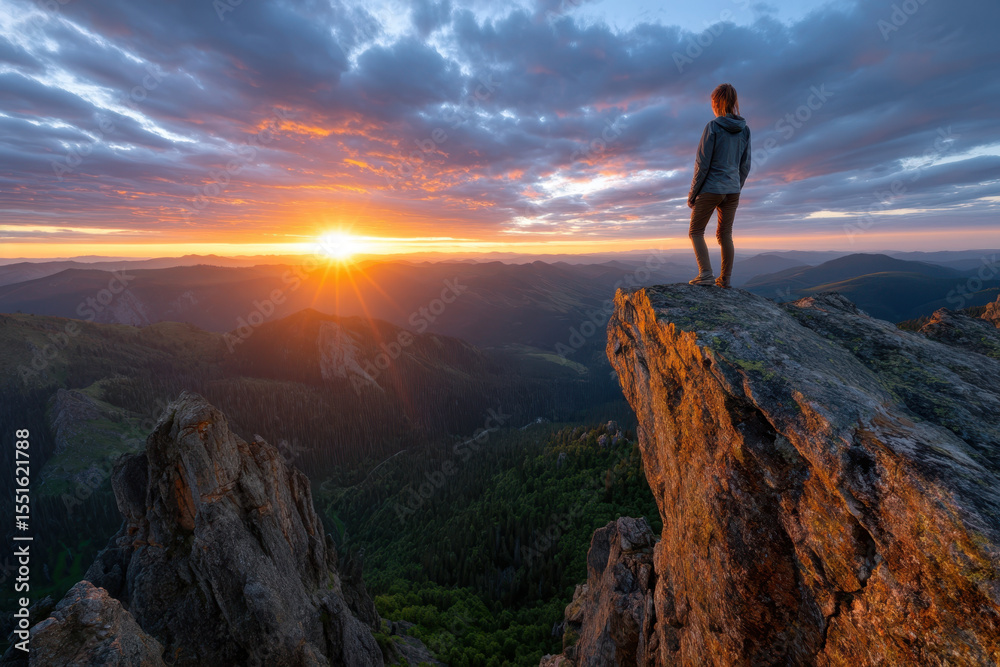Fototapeta premium Person enjoys sunrise view from rocky peak in mountainous landscape
