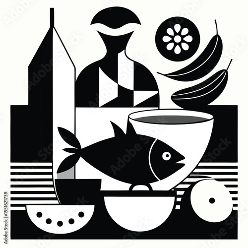 Abstract still life composition featuring fish fruit and bottle in bold black and white geometric shapes
