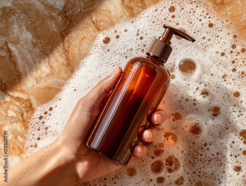 A photo of the hand and foam holding a brown clanger bottle. Generative AI
