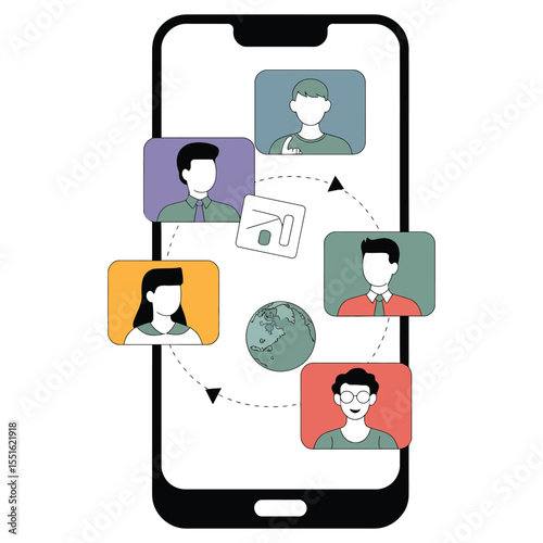Online meeting via mobile vector concept on isolated black and white background