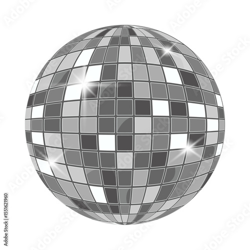Silver disco mirror ball with reflective mosaic surface. Stylish element for retro parties, dance events, or music-themed visuals.