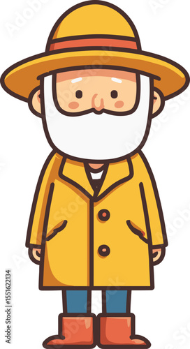 Elderly man in yellow raincoat and hat stands confidently with a smile setting isolated on transparent background. Vector illustration.