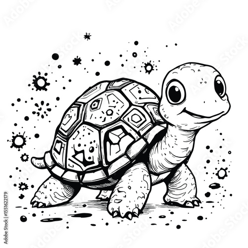 Intricate Turtle Ink Drawing with Geometric Shell Patterns and Abstract Background Elements